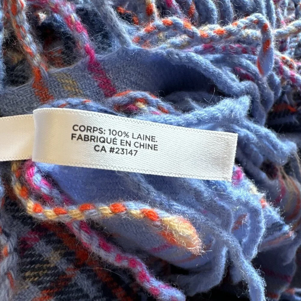 Talbots Winter 100% Wool Scarf  Plaid Fringe 62 x 19 Rectangle Shawl Wrap Soft